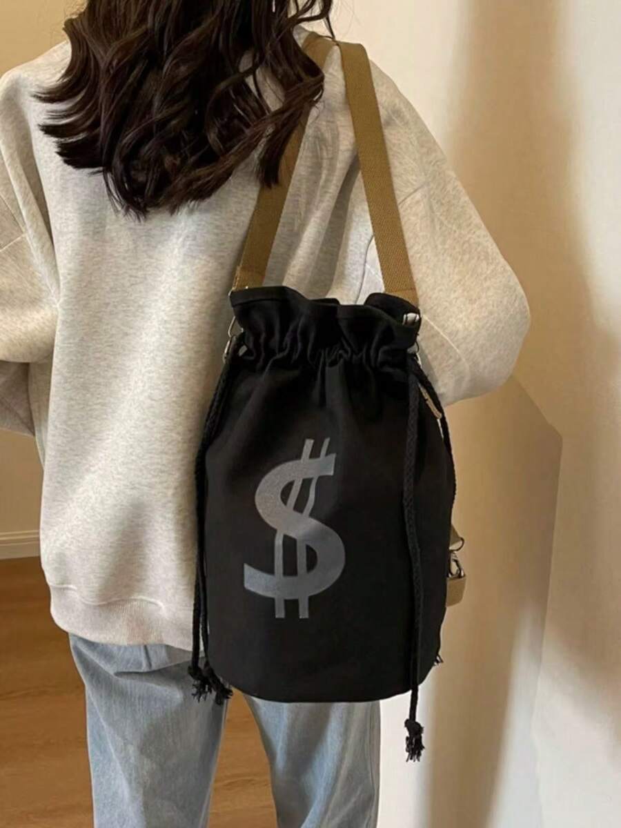 Tote Bag Canvas Print - Black Canvas Drawstring Crossbody Bucket Bag