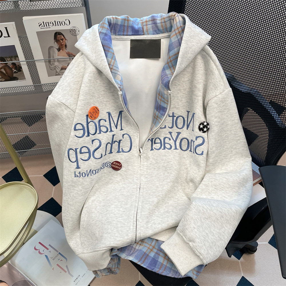 Street Fashion Zip Up Hoodie - American Style Fashion Letter Embroidered Hoodie