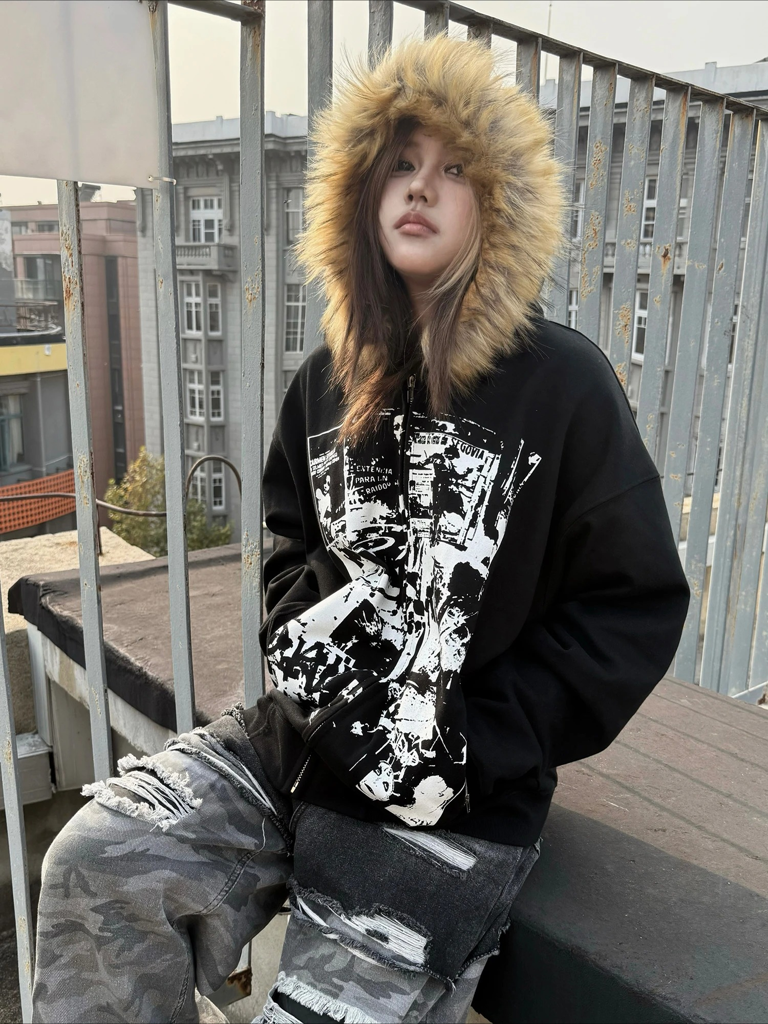 Grey Faux Fur Wool Double Zipp - Street Fashion Zip Up Hoodie 评论和价格