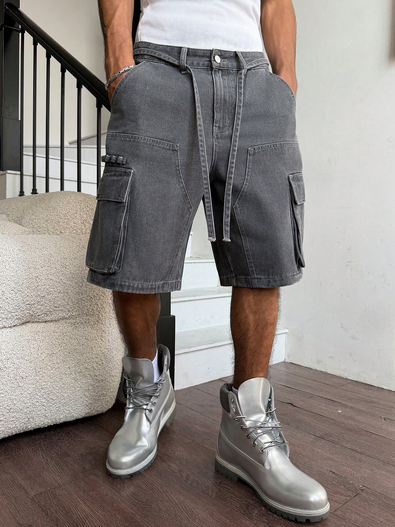 Men Grey Washed Cargo Denim Sh - Street Fashion Art 评论和价格