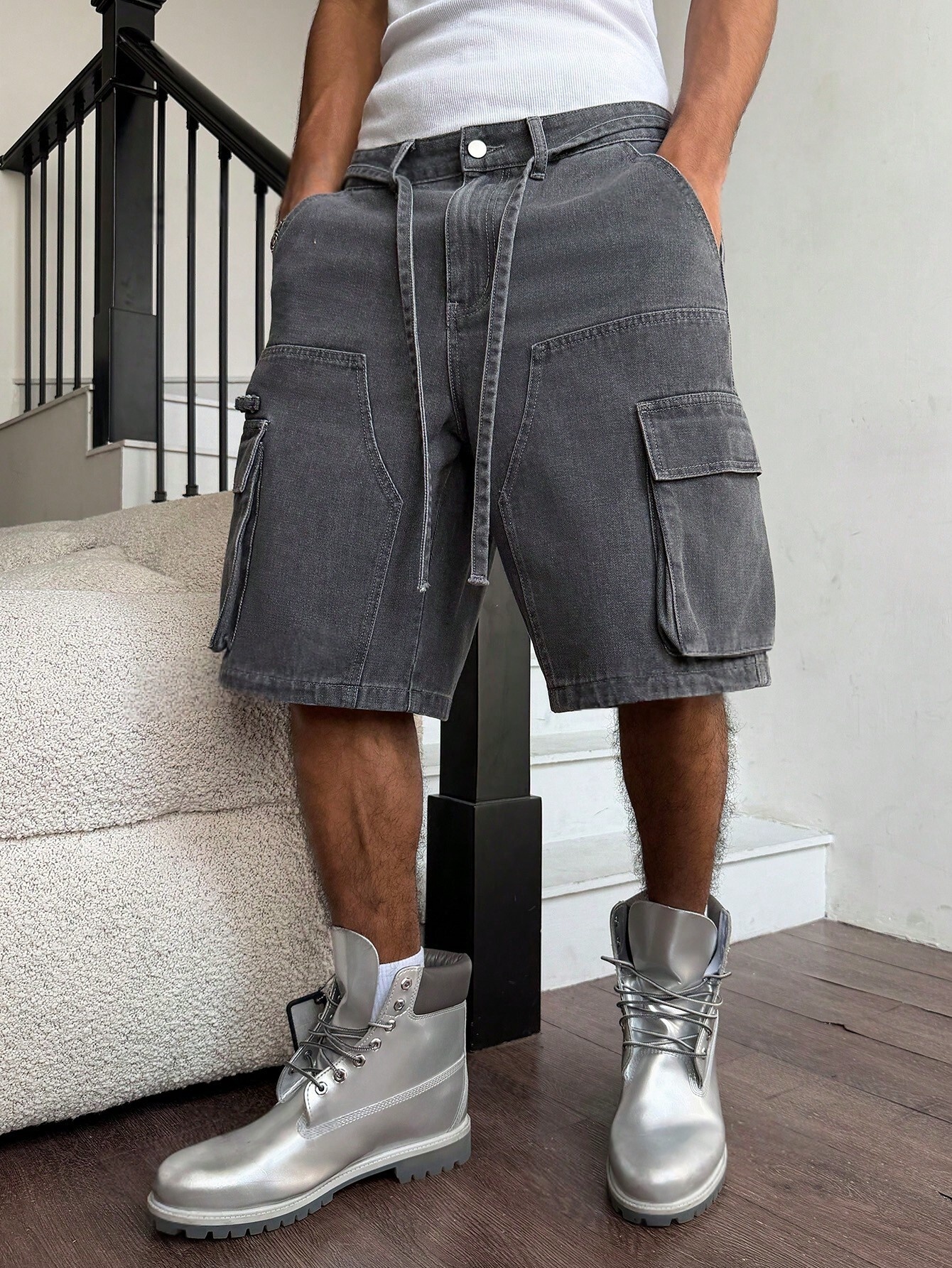 Men Grey Washed Cargo Denim Sh - Street Fashion Art 评论和价格