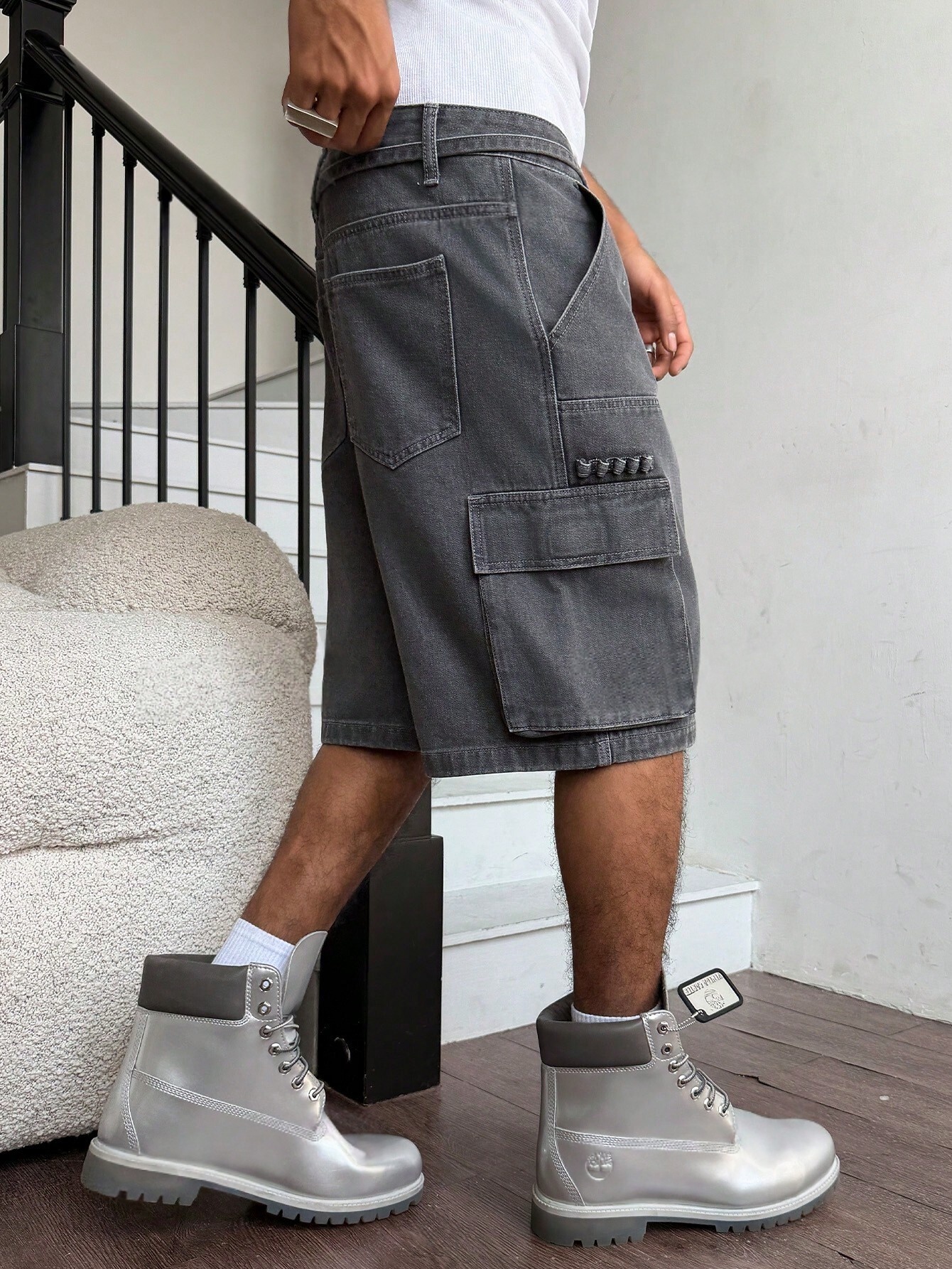 Men Grey Washed Cargo Denim Sh - Street Fashion Art 评论和价格
