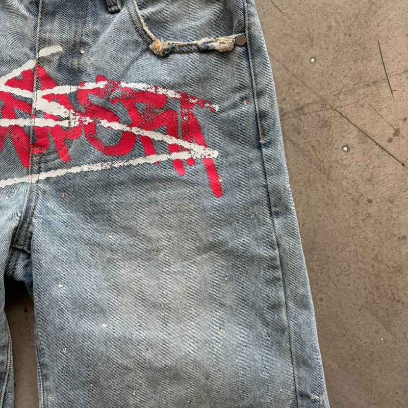 Y2K Graffiti Jorts Rhinestone  - Street Fashion Art 评论和价格